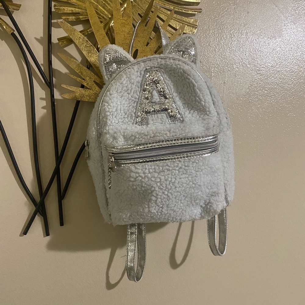 Justice Silver and White Furry Kids Backpack